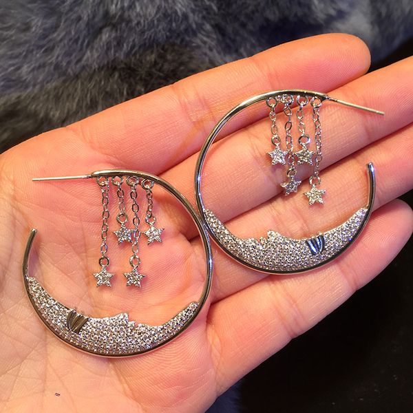 

luxury korea moon star tassel face earrings woman exaggerated long designer earrings 925 silver needle