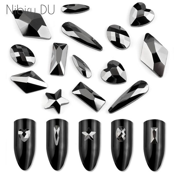 

20 pcs jet crystal strass stones dark hue multiple shapes glass nail rhinestones for nails art 3d decorations supplies accessory, Silver;gold