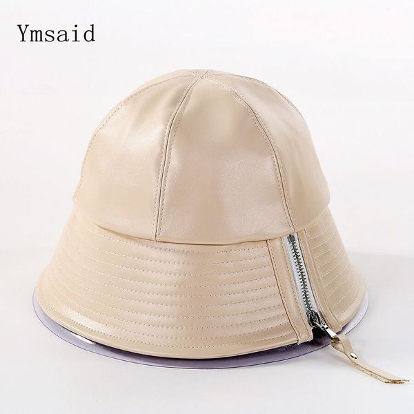 

new fashion zipper autumn and winter women waterproof hats wide brim pu leather bucket hat foldable fisherman adjust hat cap, Blue;gray