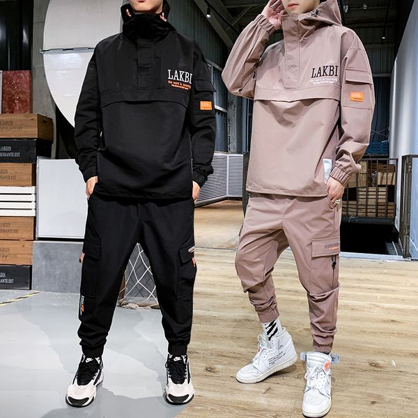 

workwear jacket men's hooded jacket+pants 2pc sets baseball loose pullover coat & long pants mens clothing, Gray