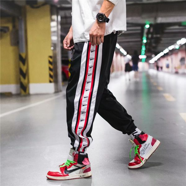 

бренд spring street new tide мужской строка этикетки движения беговые брюки унисекс сыпучие хип-хоп брюки шаровары, Black