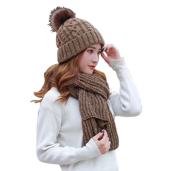 

2-piece/set winter hat and scarf women's warm scarves cap thick knit pompom beanie gift set cold weather girl for hat, Blue;gray