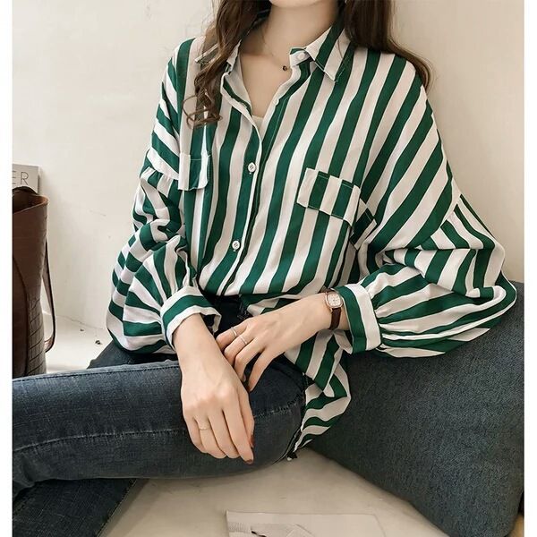 

2019 new spring autumn fashion women's wear new shirt hong kong-flavor loose large size striped shirt long-sleeved blouse jacket, White