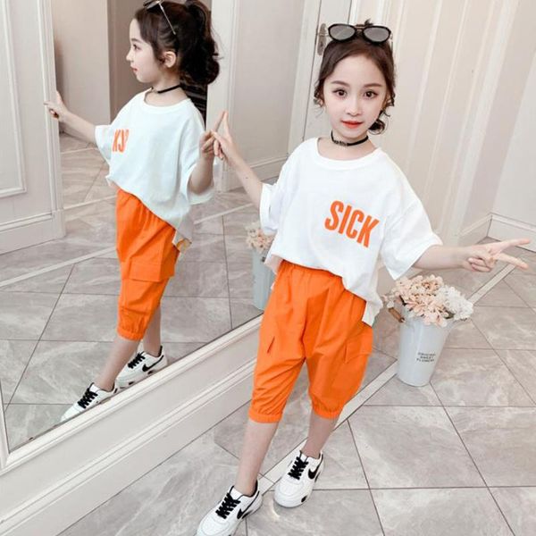 

children costumes 2020 summer girls clothes cartoon printed t-shirt bloomers casual clothes suit 4-12y quality kids's wear, White