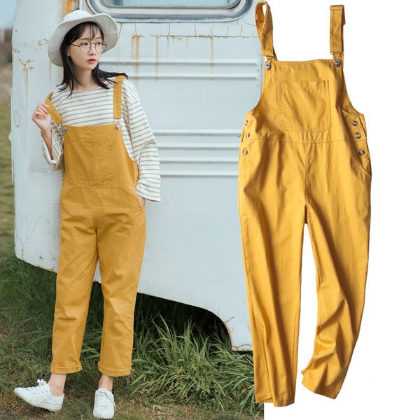 Macacões Soltos Estilo Coreano Preppy Big Pocket Streetwear Salopette Femme Dungarees Para Mulheres Suspensórios Macacão Verde Amarelo Y19051501