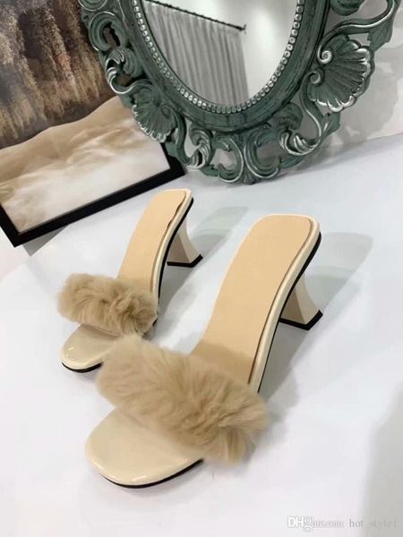 

new style summer woman chunky heel rabbit hair slippers femal personality handmade outdoor casual slippers beautiful ladies slippers, Black