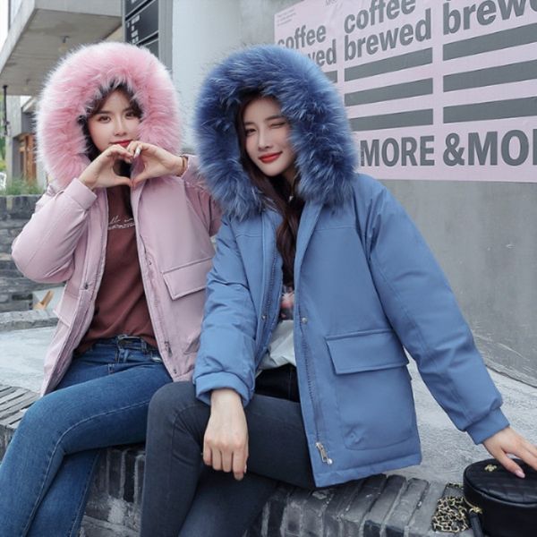 

oversize parkas women winter coat fur hooded zipper thick warm pockets outwear korean streetwear casual sweet bubble jackets, Black