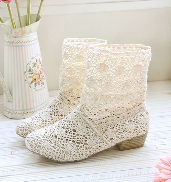 

xingdeng summer lace knitting hollow women square heels ankle boots ladies party air mesh breathable boots shoes big size 34-43, Black