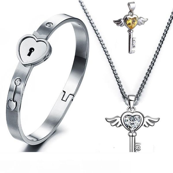 

titanium steel lovers open heart lock bangles key pendant necklace couples charm jewelry set women accessories men bracelets, Silver