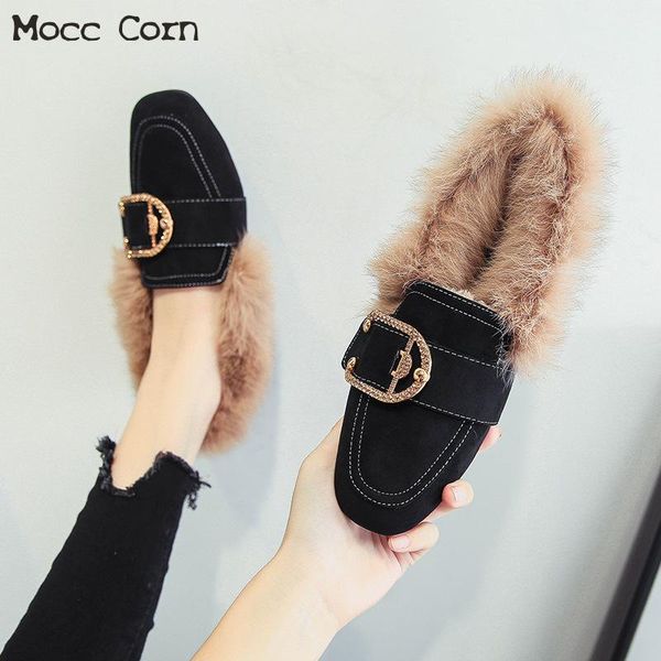 

large size crystal shoes women's warm fur flats winter casual lady moccasins real fur cotton shoes zapatos mujer, Black