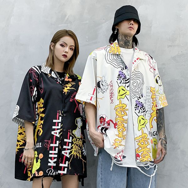 

mens designer t shirts european and american graffiti printed short-sleeved shirt male tide brand loose female bf wind shirt summer street, White;black