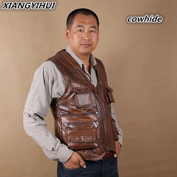 

brand genuine cow leather vest mens pgraphy vest with many pockets brown motorcycle jacket male waistcoat 01, Black;white