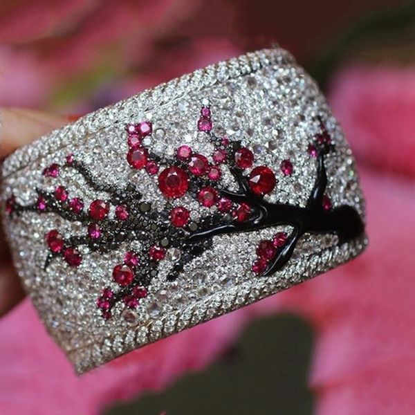 

luxury silver color plum flowers tree branch plant pattern rings for women men blossom paved red green rhinestone ring o3m171, Golden;silver