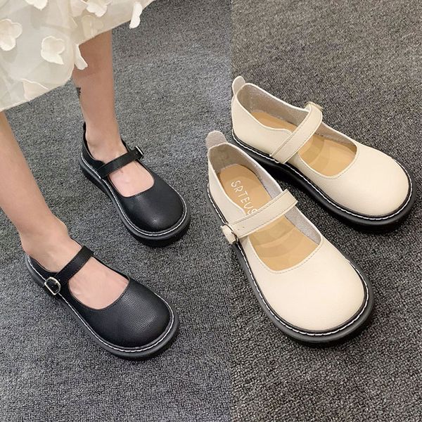 

mori girl small leather shoes literary small fresh big head doll shoe shallow mouth flat casual shoes japanese retro single shoe, Black