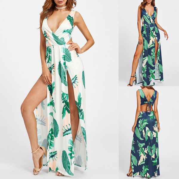 

casual summer boho beach dress 2019 women irregularity split floral print backless fork opening backless deep v dress robe femme, Black;gray
