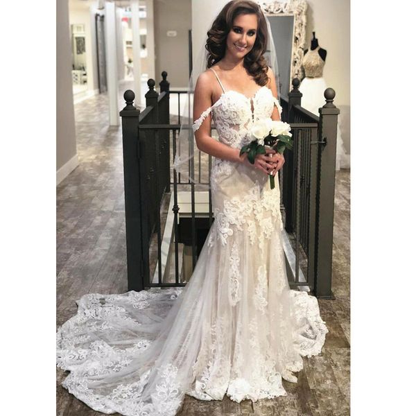 

floral appliqued lace wedding dress mermaid long spaghetti straps off shoulder 2020 chic bridal gowns vestidos de novia, White