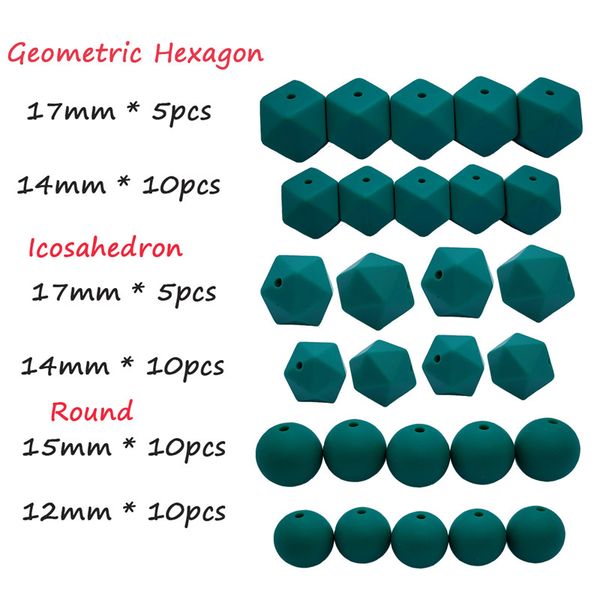 

50pcs diy emerald silicone beads teether set hexagon round icosahedron food grade beads necklace bracelet making