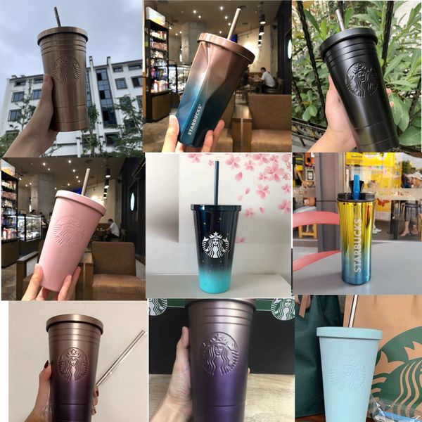 

20 styles 16oz starbucks stainless steel cups with straw and cover water bottle ins ice cube gradient cup car mug customizable an3338