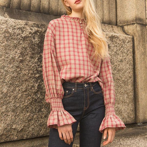 

spring autumn women new lotus leaf edge retro stringy selvedge round-necked flare sleeve plaid all-match shirt, White