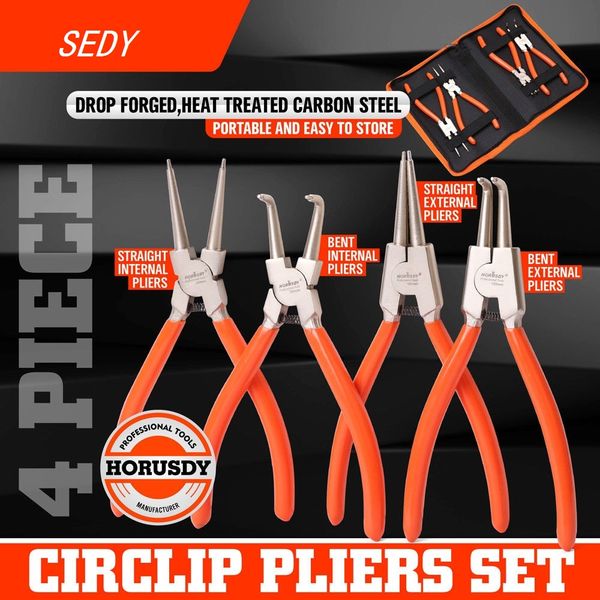 

sedy 4pcs circlip plier snap ring plier set 7'' portable internal external ring remover retaining curved tip mechanical