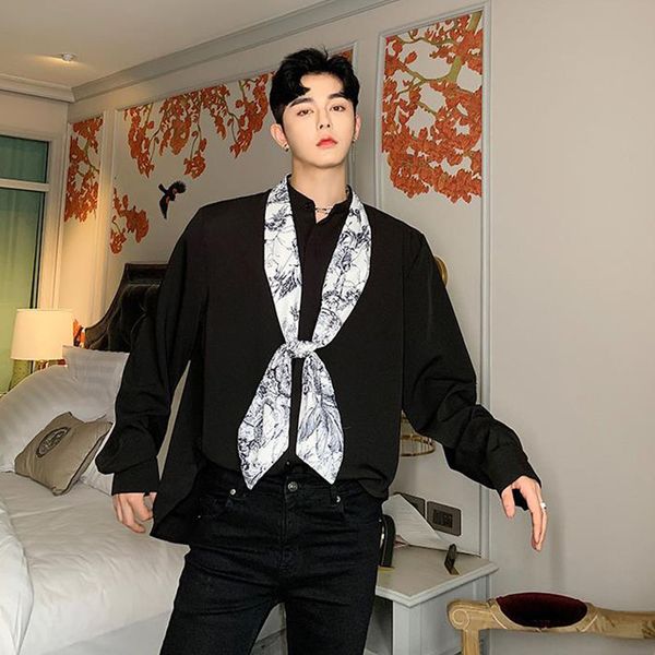 

men vintage fashion tie bow collar long sleeve loose print casual shirt male women hip hop couple shirts, White;black