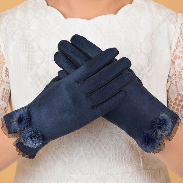 

#40 women warm winter glove soft faux suede thick mitten full finger glovees lovely plush ball lace mittens guantes mujer 2019, Blue;gray