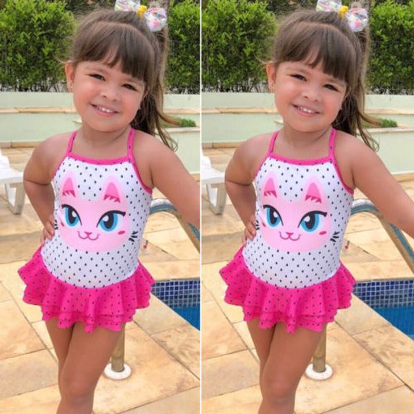 

kids baby girls tutu ruffle swimsuit cat printed bikini swimwear one piece bathing suit girls beachwear 1-5t