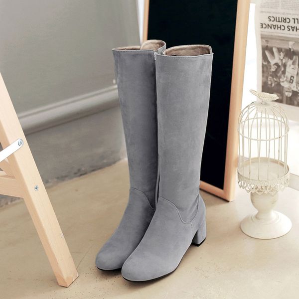 

chinese casual style round head knee high boots fashion zipper grey black brown medium heel thick riding boots women's shoes