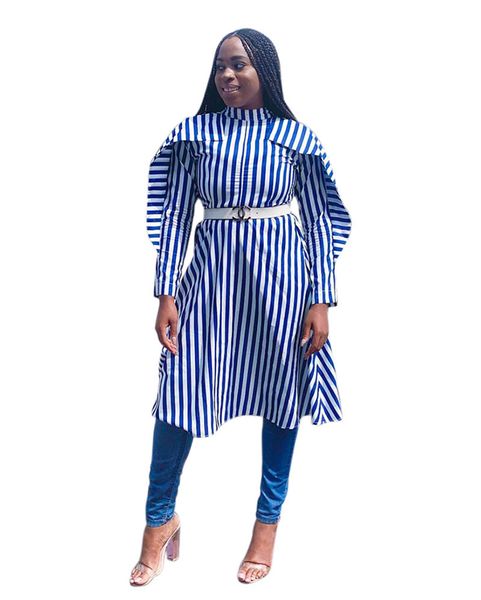 

Striped Long Women Designer Shirts Cardigan Reversible Lapel Neck Womens Blouses With Sashes Fashion Female Clothing