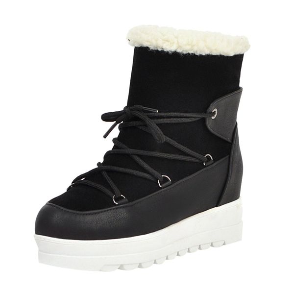 

2019 new women's winter boots lace-up warm ankle plush boots square platform-bottom casual snow booties botas negras mujer, Black