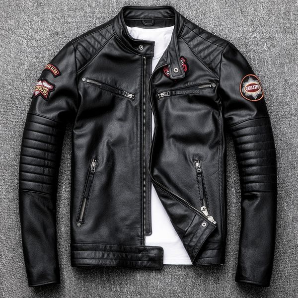 

2020 fashion new indian skull motorcycle genuine leather jacket men stand collar slim fit youth cowhide leather coat, Black