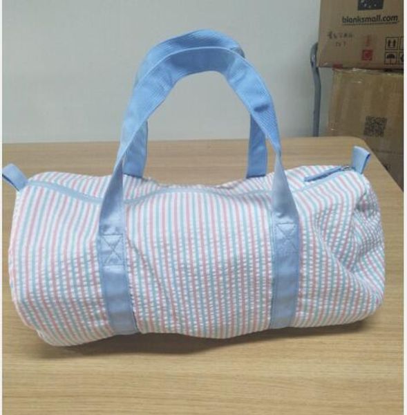 

18*9*9.5 inch personalize grey kids seersucker duffle bag wholesale blanks weekend barrel bag preppy children's travel bag