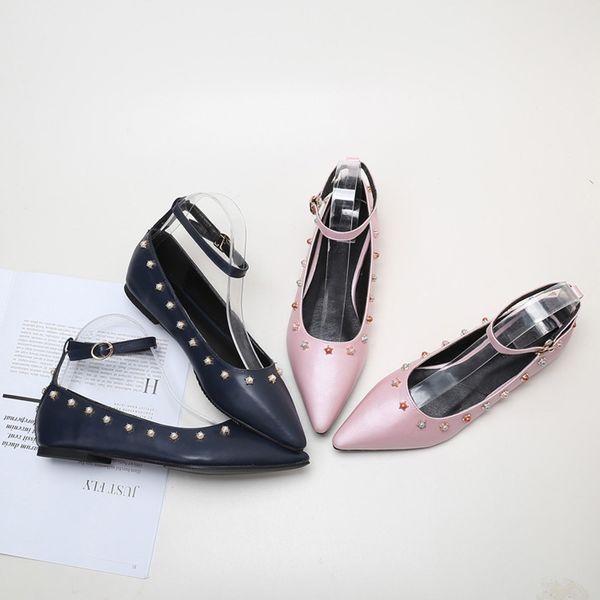 

punk new rivets flat shoes woman designer pink pearl flats pointed toe ankle strap mules ladies ballet flats shoes plus sizes01, Black
