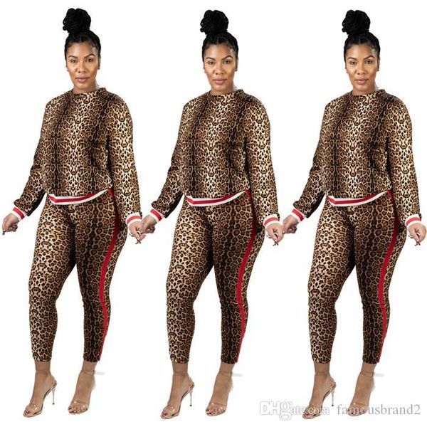 

womens autumn designer 2pcs tracksuits crew neck long sleeve leopard print female clothing fashion style casual apparel, Gray