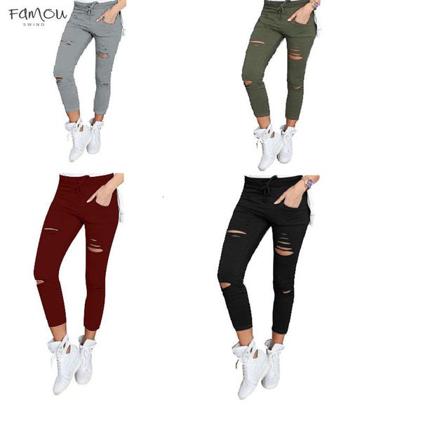 

Pant Skinny Capri Sweapant Sexy Holes Pencil Women Summer Female High Waist Trouser Stretch Ripped Jean Plussize