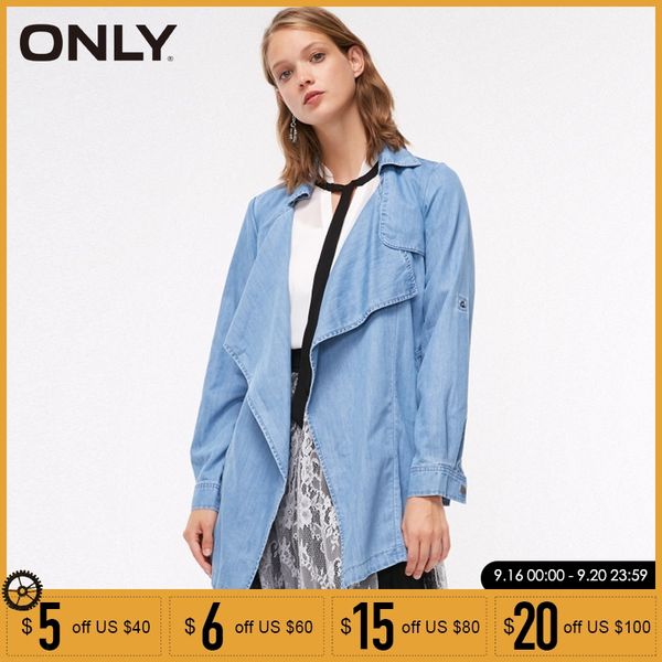 

only women retro lapel collar bleted denim windbreaker trench coat jacket | 118354520, Tan;black