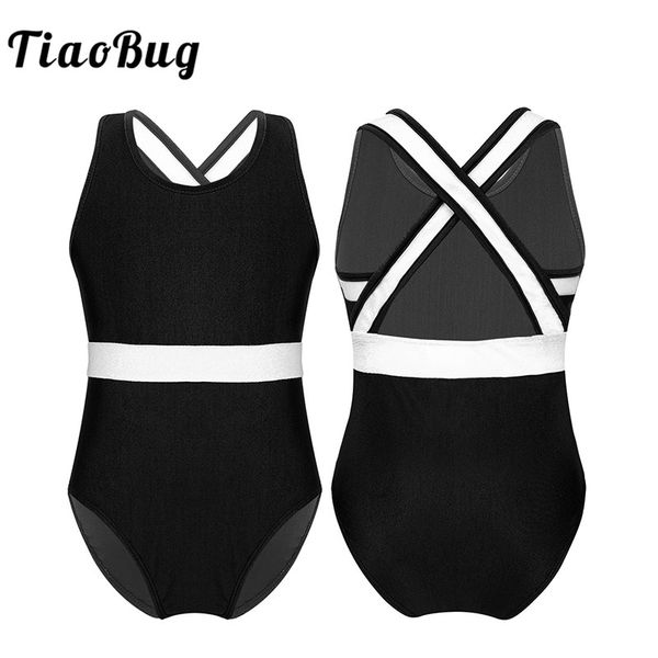 

tiaobug kids teens sleeveless round neck ballet leotard girls color block design gymnastics leotard bodysuit children dance wear, Black;red