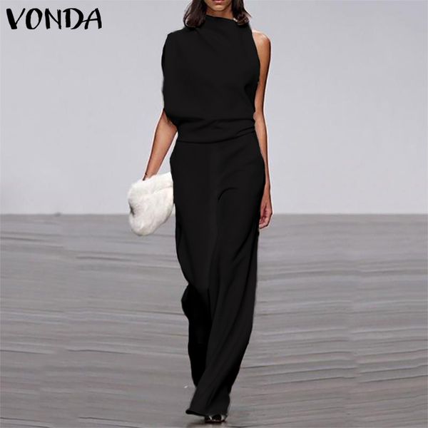 

vonda summer rompers women jumpsuits 2019 sleeveless overalls casual long pants plus size bohemian trousers party playsuits, Black;white