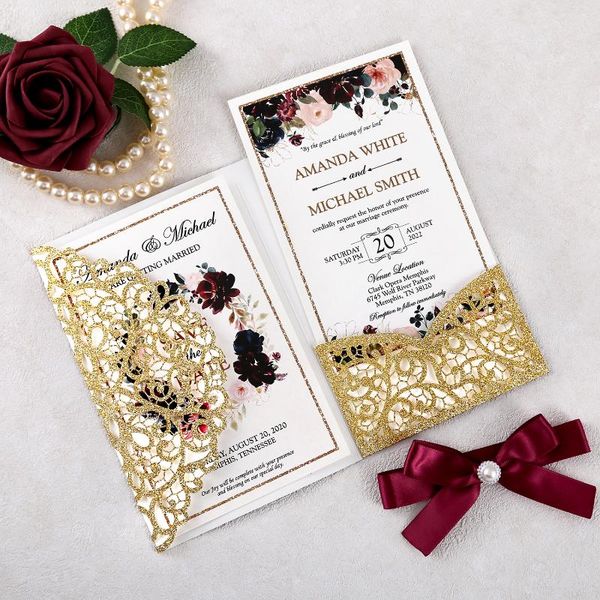 

100pcs gold color glitter laser cut hollow wedding invitation pocket for wedding and quinceanera with ribbon