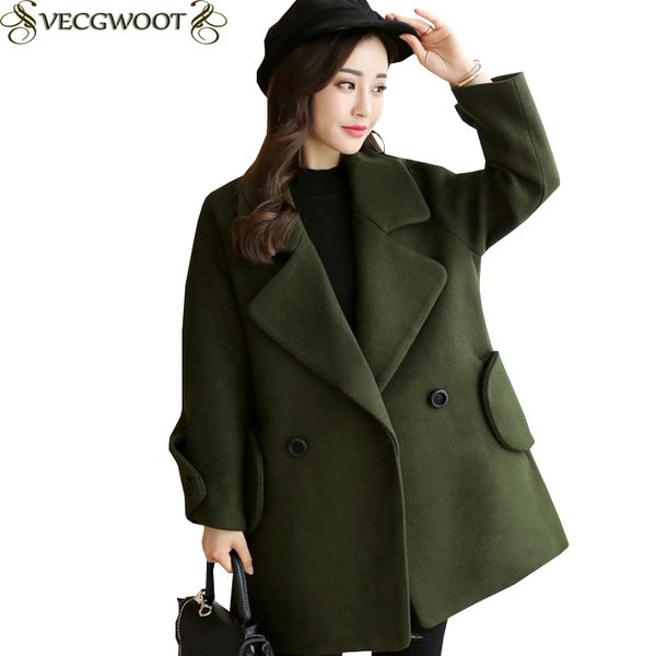 

2019 autumn winter new woolen jacket women fashion loose large size woolen coat women solid color turn-down collar coat s459, Black