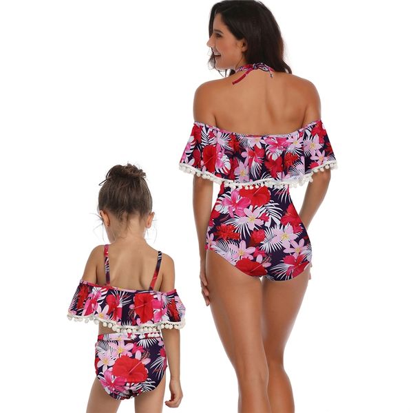

2020 women swimwear strapless high bikini set ruffle printed swimwear kids family matching swimsuits for girls children's swimwear