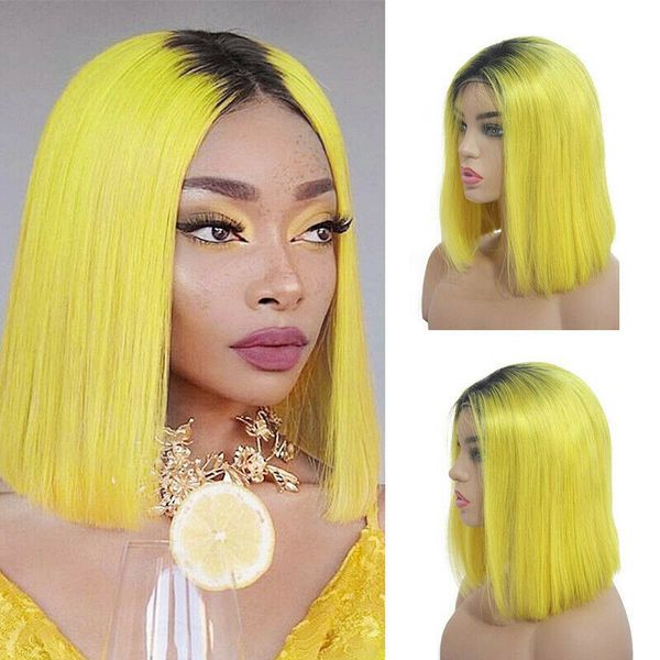 Yellow Ombre Bob Wigs Straight Cosplay Synthetic Lace Front Wigs