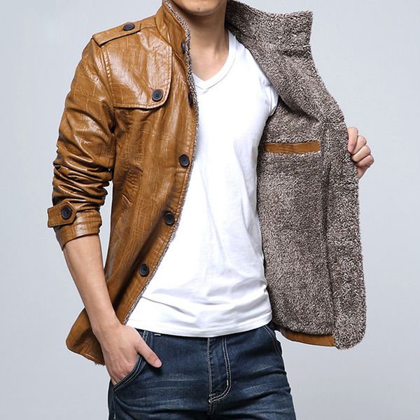 

winter fur leather jacket mens plus size 4xl suede leather jackets men faux fur coats thick warm long suede jacket button coat, Black