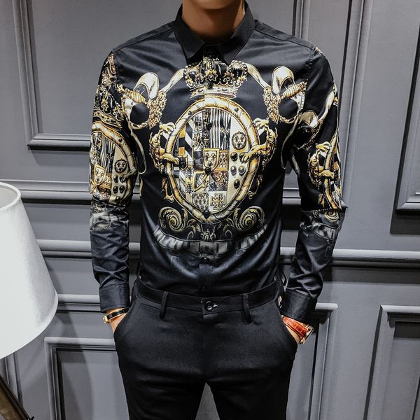 

2019 black gold print shirts men baroque slim fit party club shirt men camisa homem luxury long sleeve shirt plus size 4xl, White;black