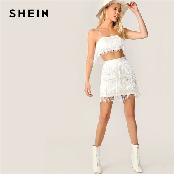 

shein white fringe detail cami crop and layered bodycon skirt 2 piece set women summer solid club party two piece set