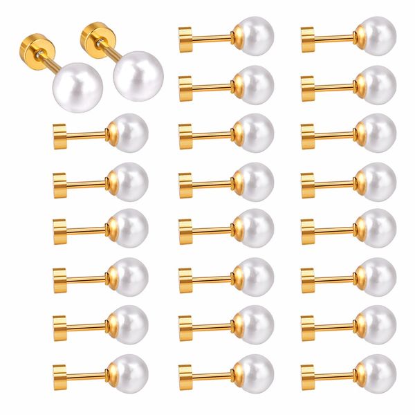 

12pairs/lot wholesale stainless steel white pearl earrings women fashion wedding earrings screw back 6mm, Golden;silver