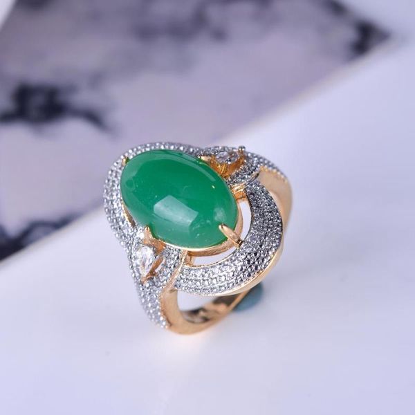 

big oval green stone rings for women gold color filled shining zircon ring bling engagement wedding band rings, Golden;silver