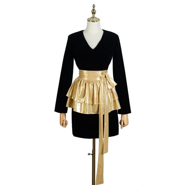 

menkay] 2019 spring v neck long sleeve golden removable belt high waist black velvet dress women fashion clothing, Black;gray