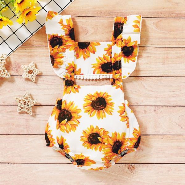 

baby sunflower ruffle bodysuit summer casual square collar ruffle short sleeve romper d30, Blue