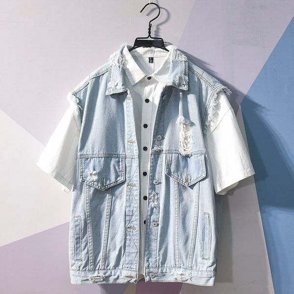 

japanese denim vest men's summer korean version of the sleeveless trendy hole vest jacket tide, Black;brown